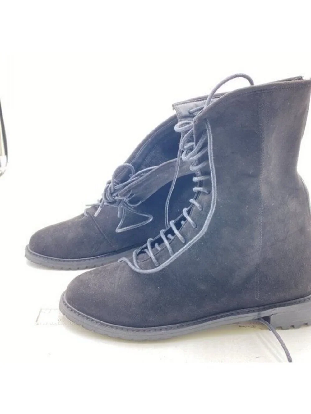 Black Lace-up Combat Boots Ankle Booties for Women Suede Black